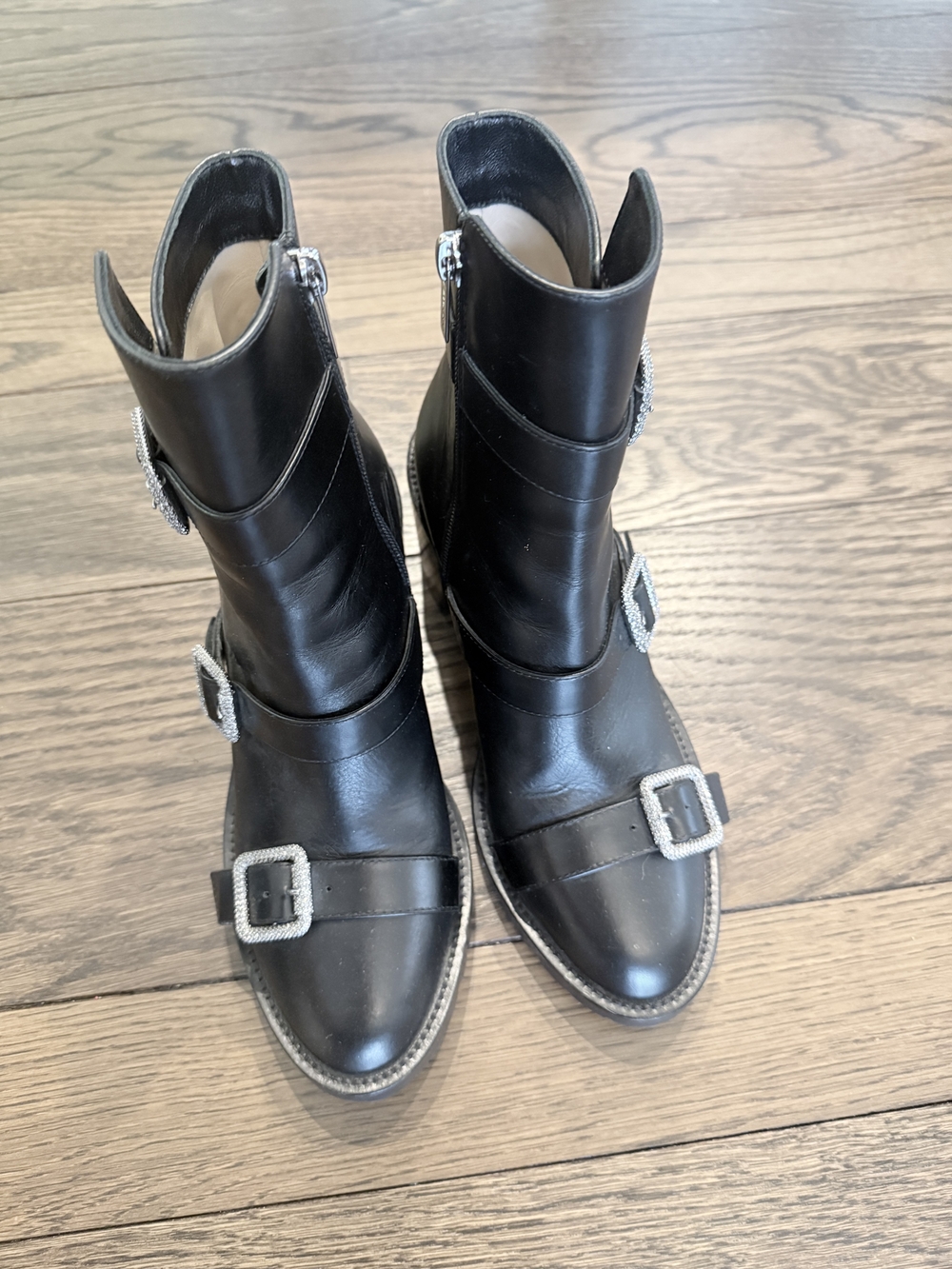 Jimmy Choo Black Leather Buckle Zip-Up Boots